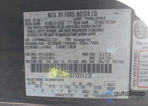 2007 Ford Mustang V6 Deluxe/V6 Premium из США, поврежденный, VIN 1ZVFT80NX75211227